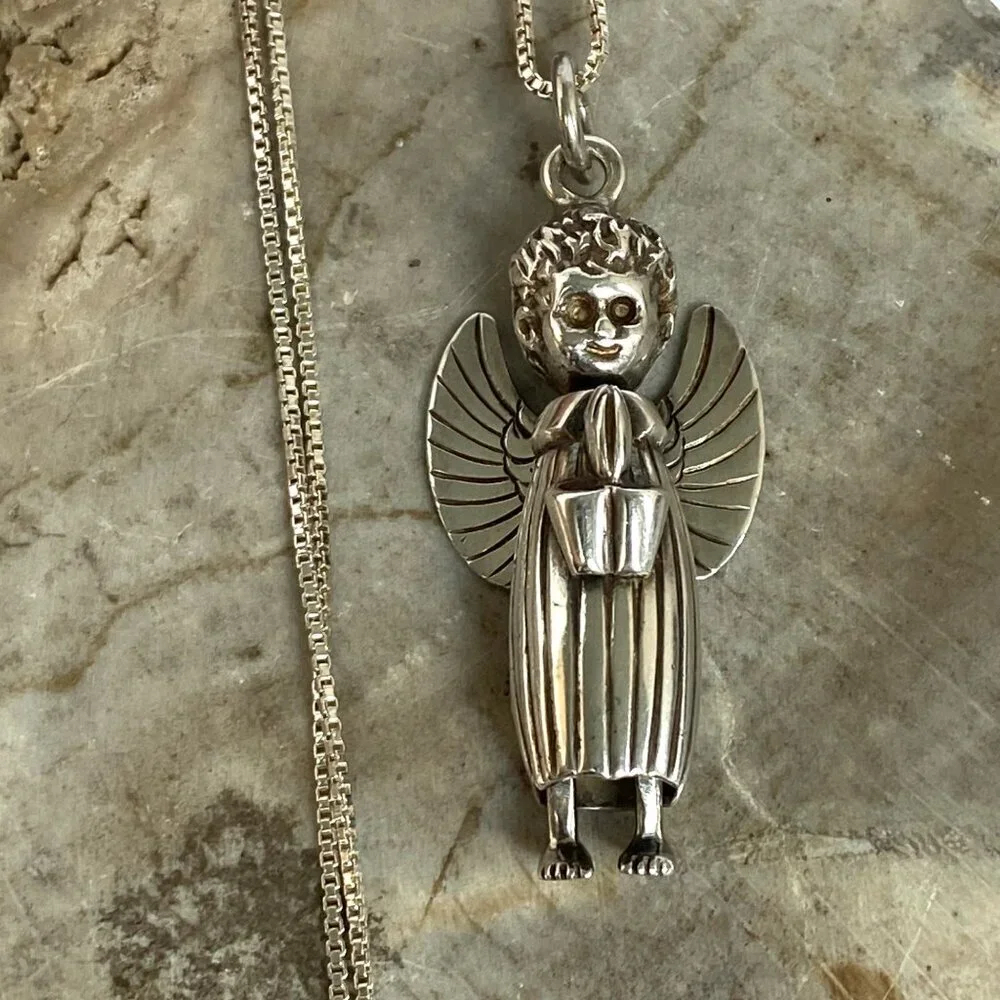 VTG Sterling Silver 925 Mexico Celia Harms Articulating Angel Pendant Necklace